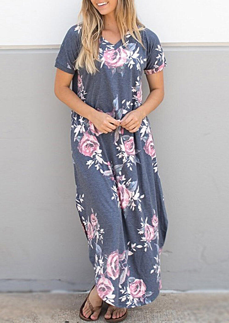 

Presale - Floral Slit O-Neck Maxi Dress - Gray, 467011