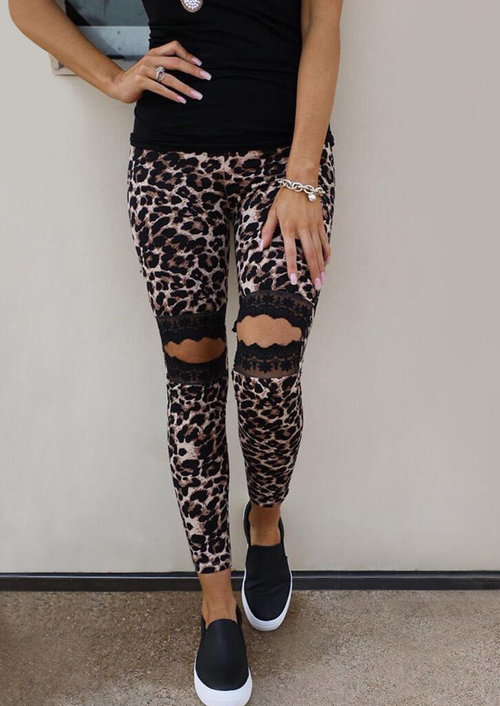 Floral Lace Hollow Out Leopard Skinny Leggings