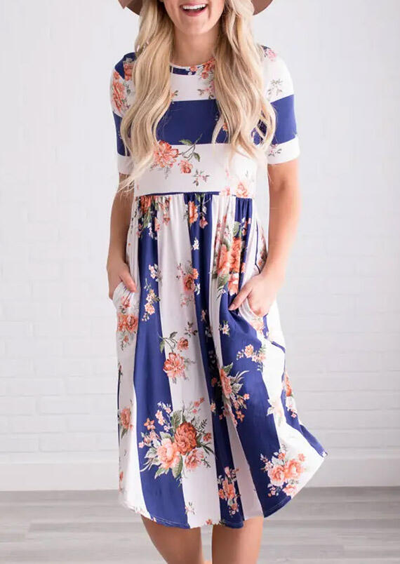 

Presale - Floral Striped Ruffled Pocket Casual Dress - Blue, 467043