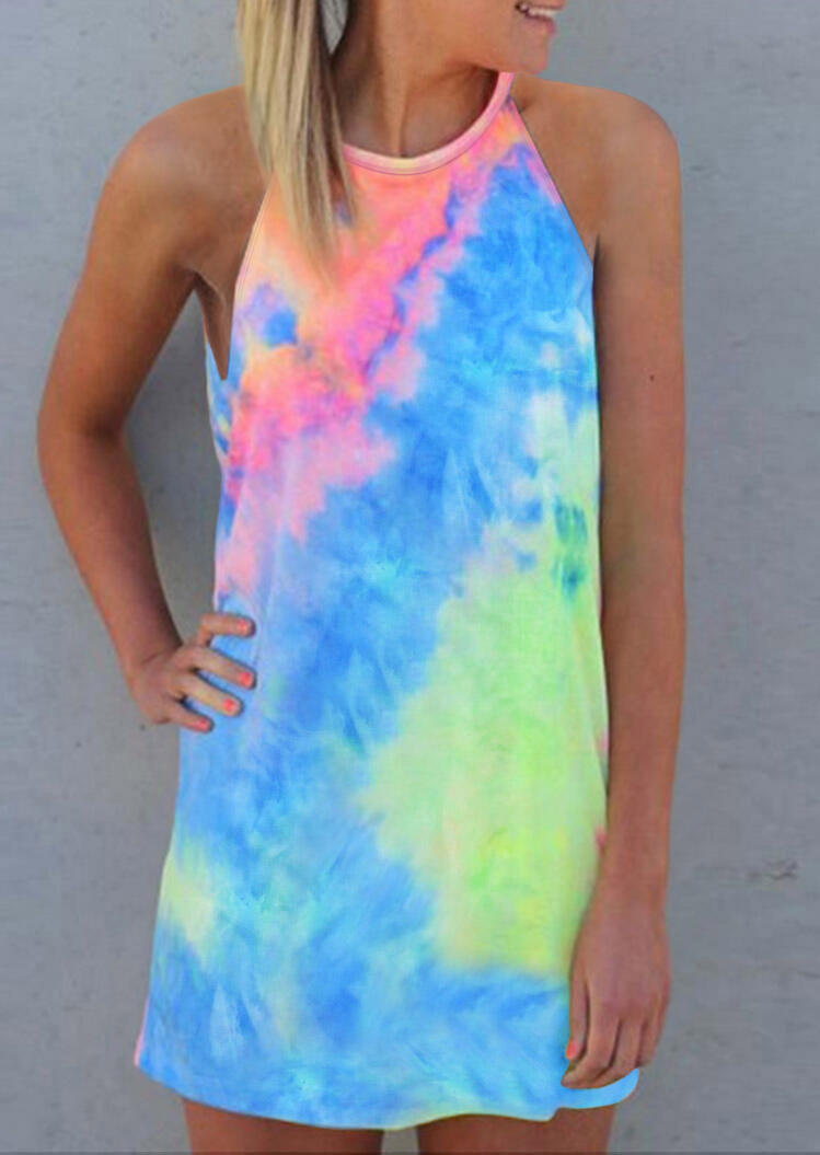 

Tie Dye Sleeveless O-Neck Mini Dress, Multicolor, 467062