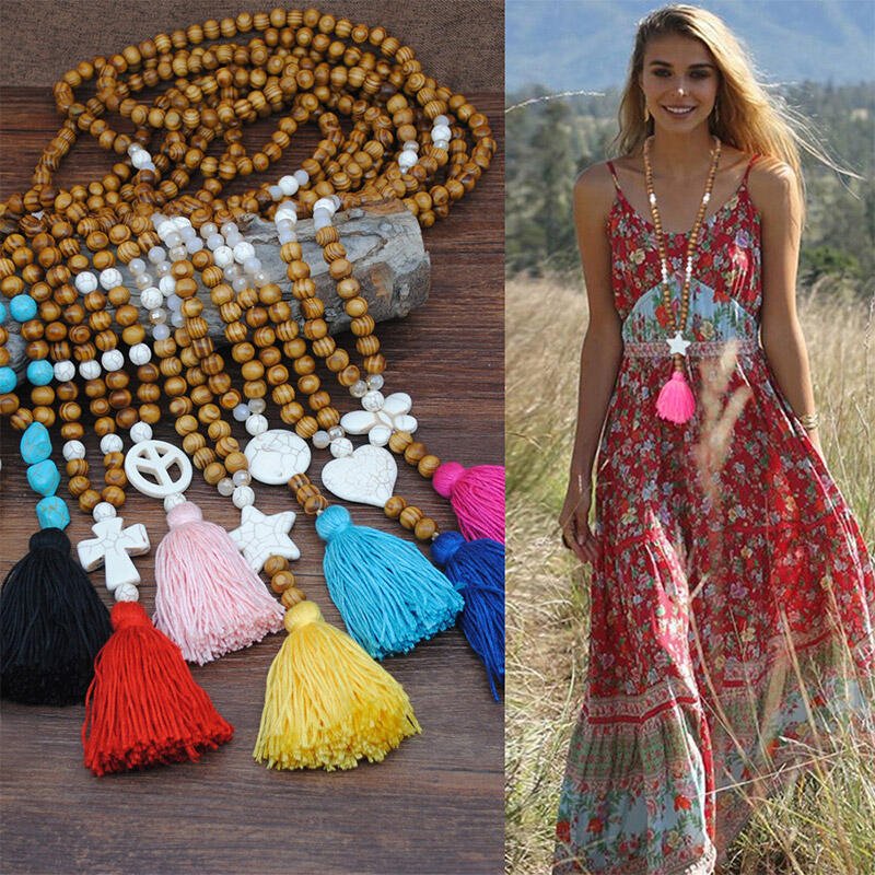 

Necklaces Tassel Wood Bead Pendant Sweater Chain Necklace. Size, Rose red
