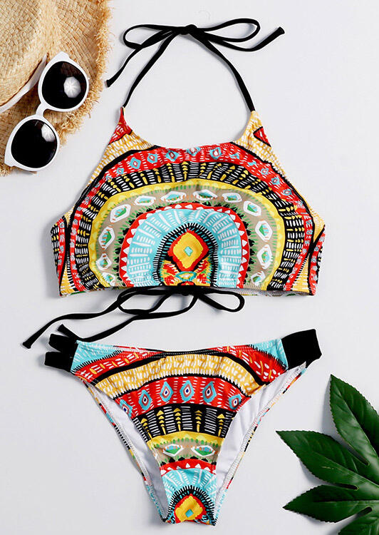 

Bikini Sets Bohemian Geometric Tie Halter Bikini Set in Multicolor. Size