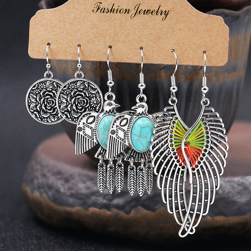 

Earrings 3Pairs/Set Vintage Leaf Tassel Wing Alloy Earrings. Size, Silver