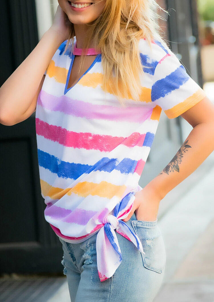 

Presale - Colorful Striped Hollow Out Tie T-Shirt Tee - Multicolor, 467257