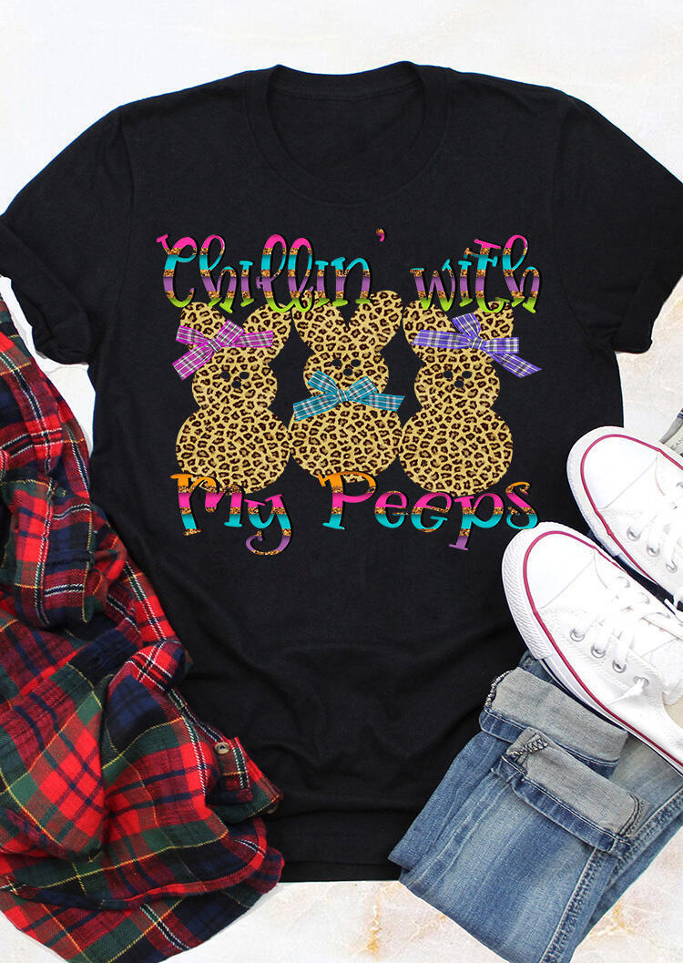 

Chillin' With My Peeps Easter Bunnies Leopard Printed T-Shirt Tee - Black, 465756