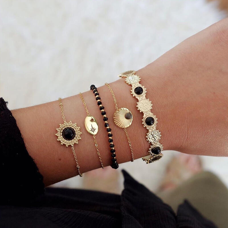 

Bracelet 5Pcs Vintage Geometric Beading Sunflower Bracelet Set. Size, Gold
