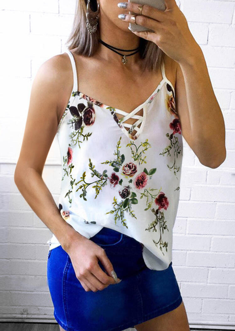 

Tank Tops Floral Criss-Cross Camisole without Necklace in White. Size