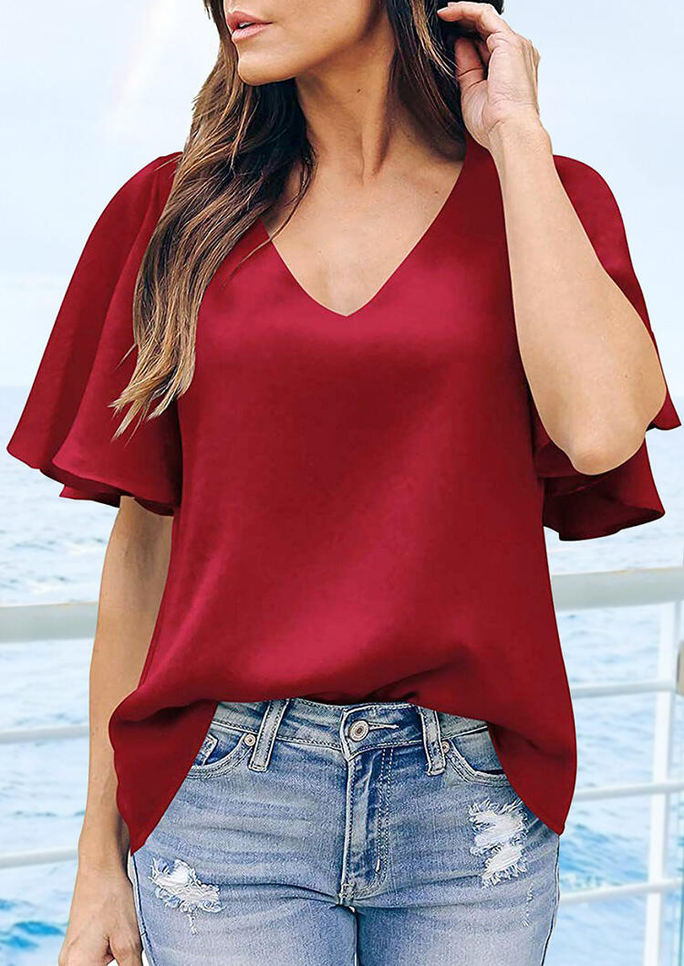 

Ruffled Flare Sleeve V-Neck Blouse - Burgundy, 467340