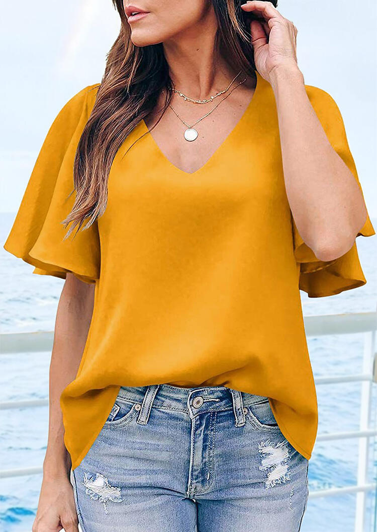 

Blouses Ruffled Flare Sleeve V-Neck Blouse without Necklace in Yellow. Size