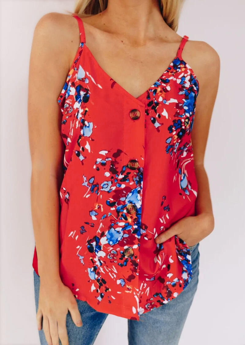 

Floral Button V-Neck Camisole - Red, 467373