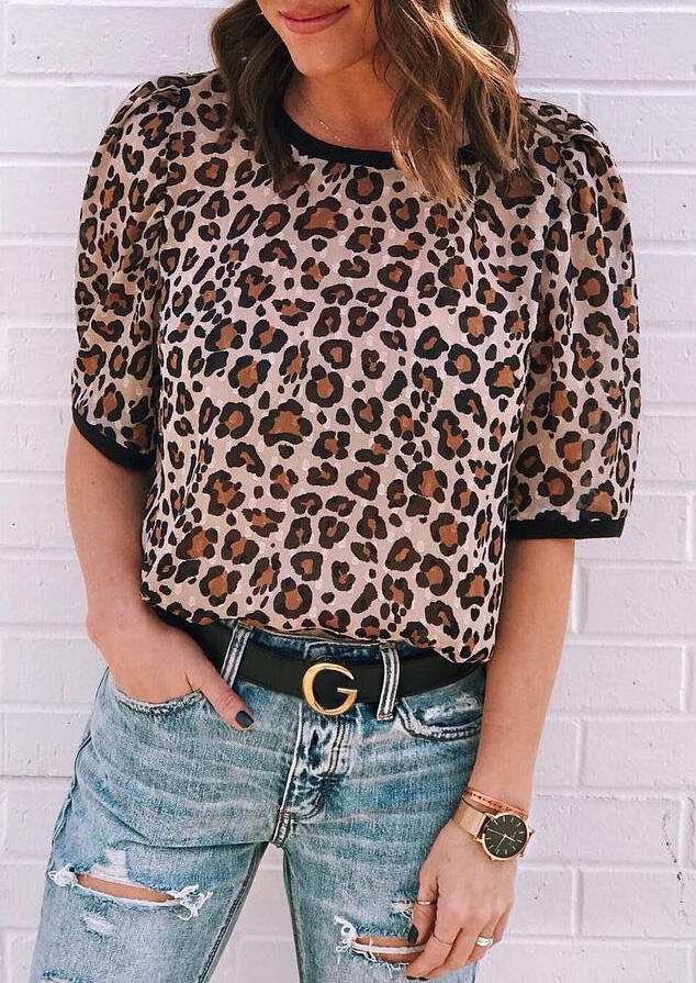 

Presale - Leopard Splicing O-Neck Casual T-Shirt Tee, 467405