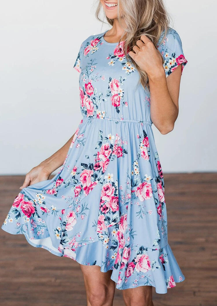 

Presale - Floral Printed Ruffled Mini Dress - Light Blue, Lightblue, 467406