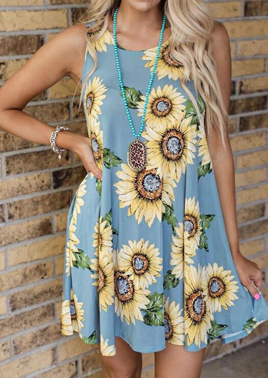 Sunflower Pocket Mini Dress without Necklace - Blue