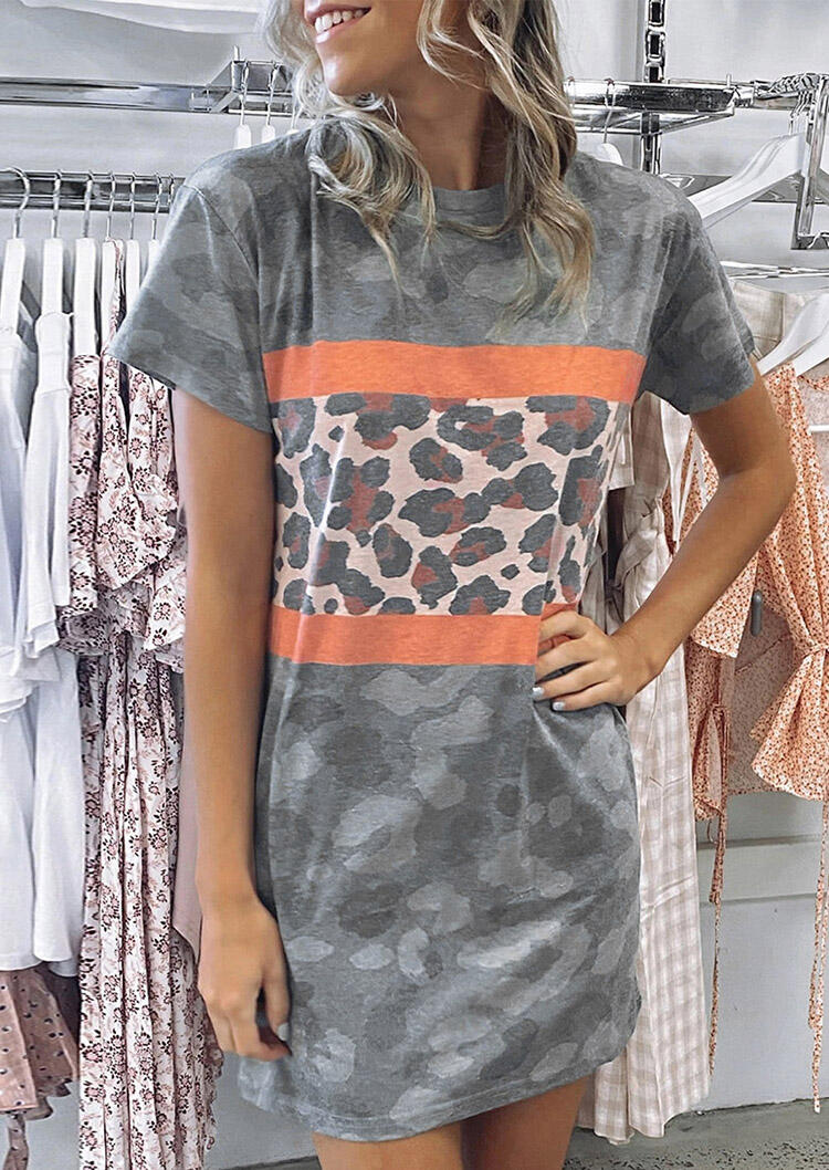 

Leopard Camouflage Printed Splicing Mini Dress, 467610