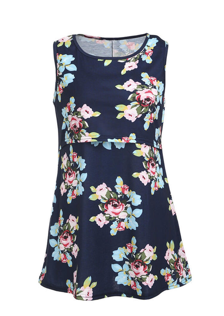 

Floral Ruffled O-Neck Tank - Navy Blue, 467714