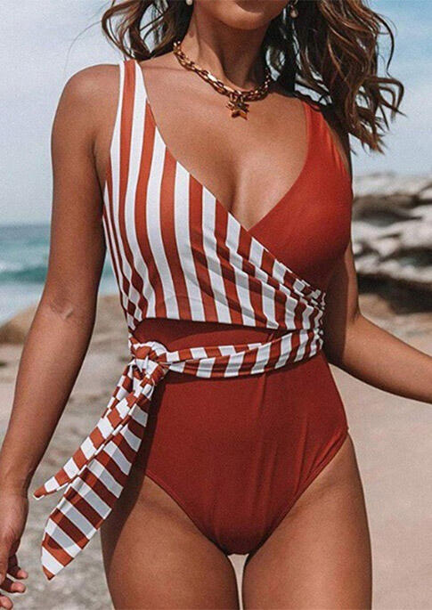 

Striped Splicing Tie One-Piece Swimsuit without Necklace - Red, 467806