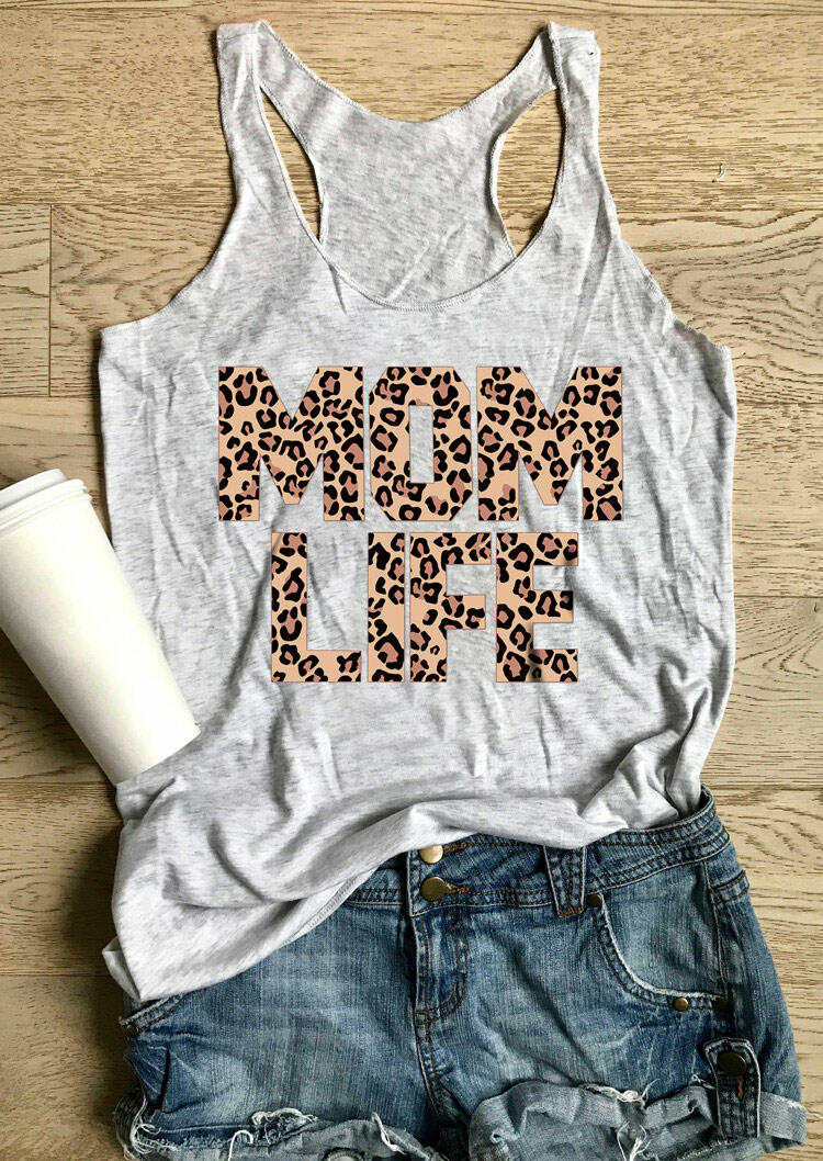 

Tank Tops Leopard Printed Mom Life Tank in Gray. Size