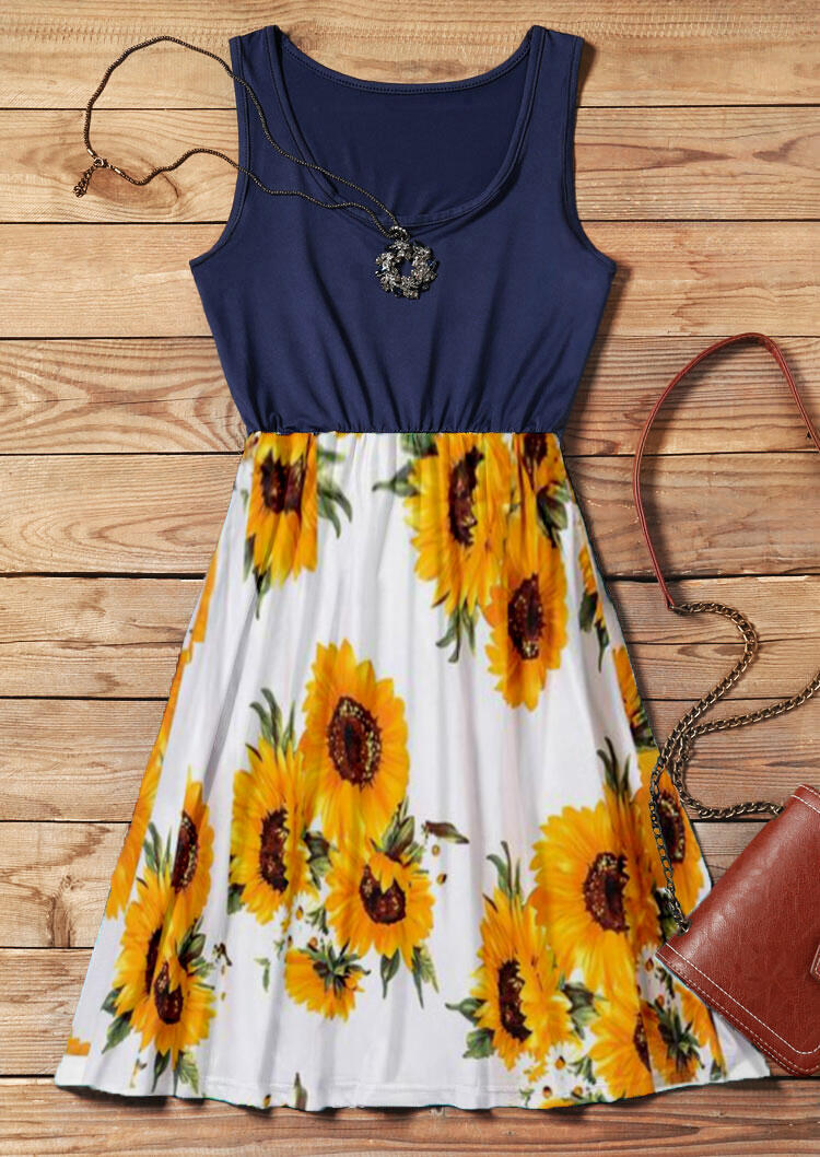 Mini Dresses Sunflower Splicing Ruffled Mini Dress without Necklace- Navy Blue in Blue. Size: S