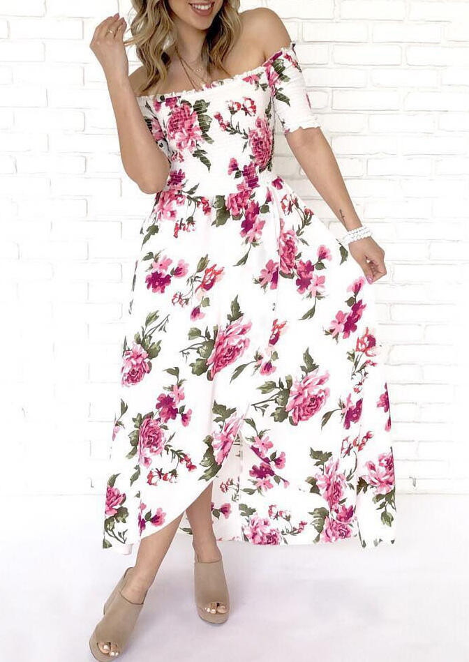 Maxi Dresses Floral Ruffled Off Shoulder Maxi Dress in White. Size: S,M,L,XL