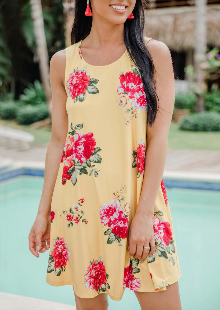 

Mini Dresses Floral O-Neck Sleeveless Mini Dress in Yellow. Size