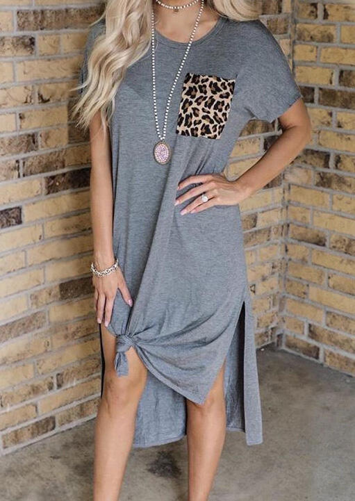 

Casual Dresses Leopard Pocket Slit Casual Dress without Necklace in Gray. Size