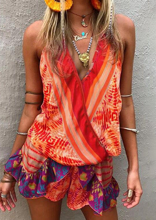 

Jumpsuits & Rompers Printed Ruffled V-Neck Romper without Necklace in Red. Size