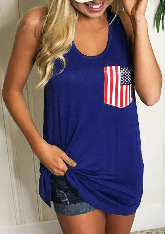

Tank Tops American Flag Pocket O-Neck Tank - Royal Blue. Size