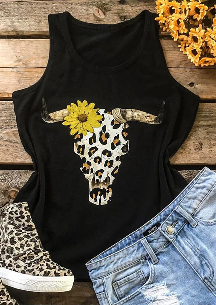 

Tank Tops Leopard Printed Splicing Sunflower Steer Skull Tank in Black. Size