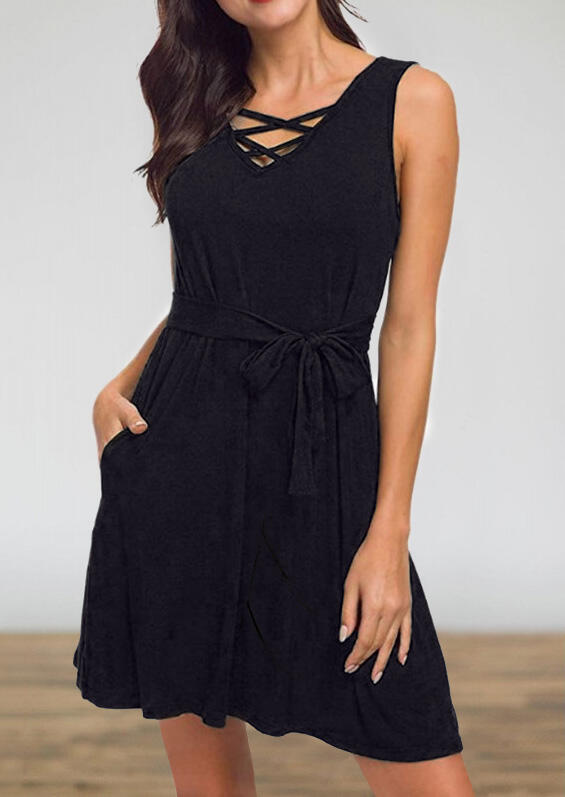 

Criss-Cross Pocket Mini Dress with Belt - Black, 468664