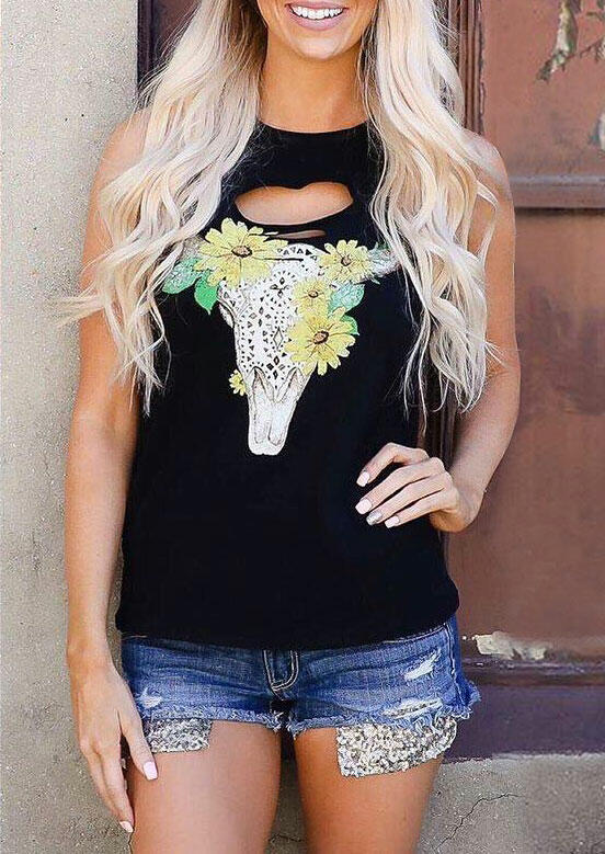 

Tank Tops Sunflower Steer Skull Hollow Out Tank - Black. Size