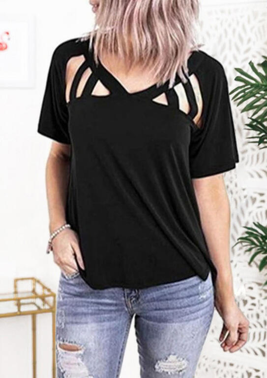 

Blouses Hollow Out V-Neck Blouse in Black. Size