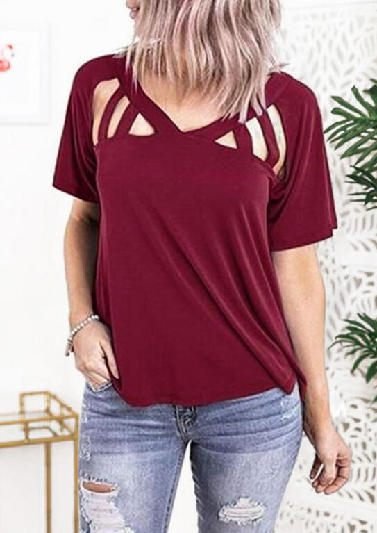 

Hollow Out V-Neck Blouse - Burgundy, 468703