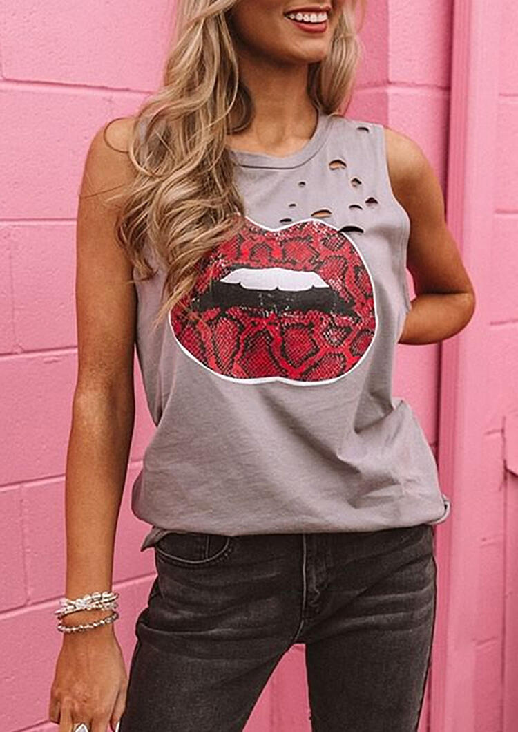 

Hollow Out Sexy Lips Tank - Gray, 468712