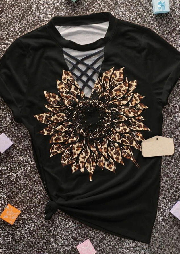 Leopard Sunflower Criss-Cross Hollow Out  T-Shirt Tee - Black