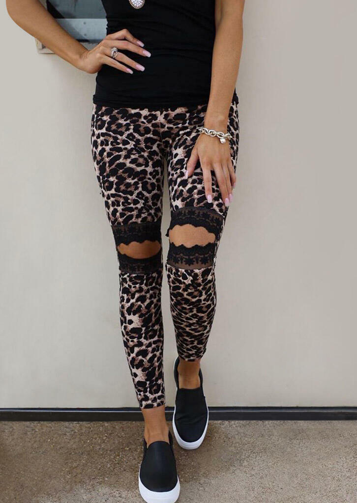 Leggings Hollow Out Lace Splicing Skinny Leggings in Black. Size: S