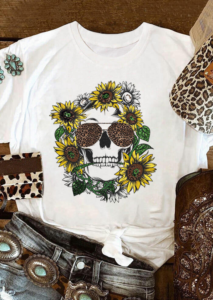 

Tees T-shirts Sunflower Leopard Skull T-Shirt Tee in White. Size