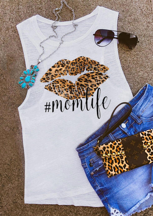 

Tank Tops Leopard Lips Mom Life Tank without Necklace in White. Size