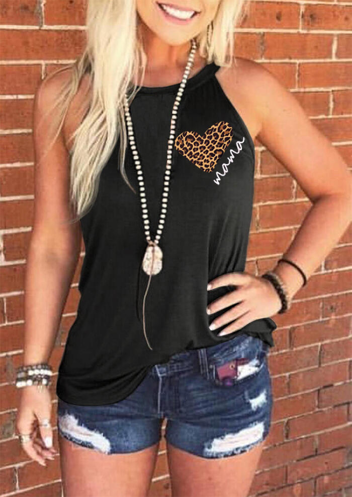 Leopard Mama Heart Halter Tank without Necklace - Black