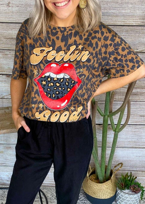 

Feelin Good Lips Leopard T-Shirt Tee, 468828
