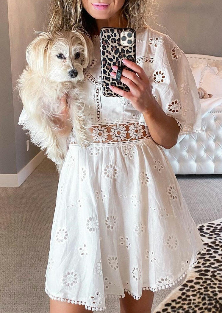 

Mini Dresses Hollow Out Flare Sleeve Mini Dress in White. Size