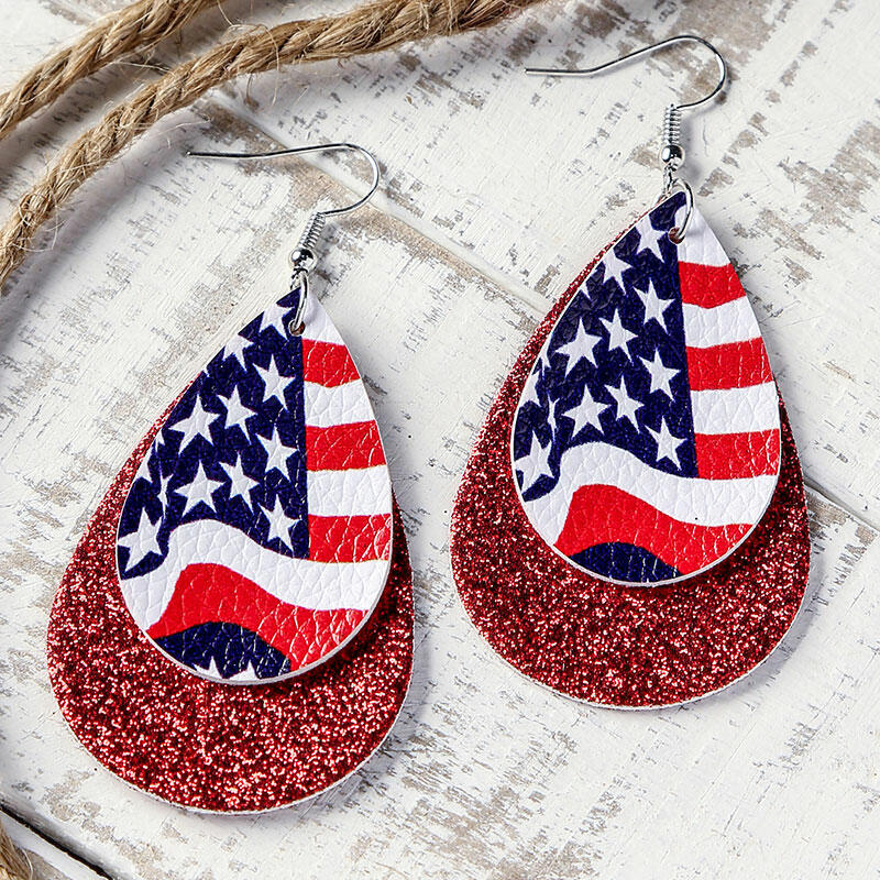 

American Flag Star Sequined PU Leather Earrings, Blue;red, 468841