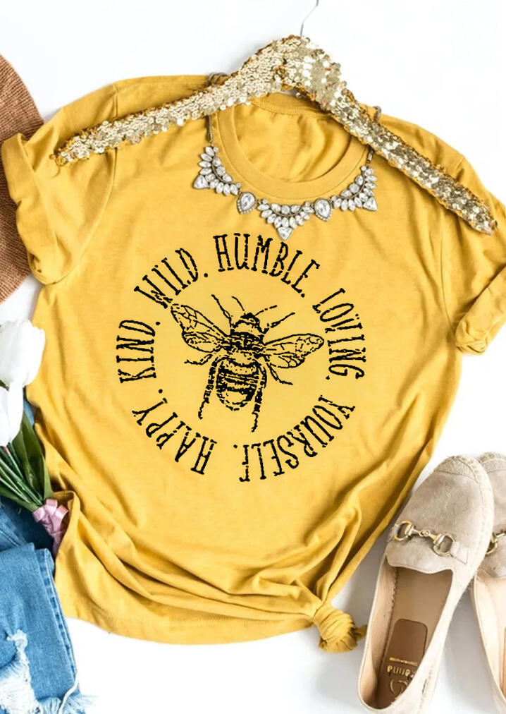 

Tees T-shirts Happy Kind Wild Humble Loving Yourself T-Shirt Tee without Necklace in Yellow. Size