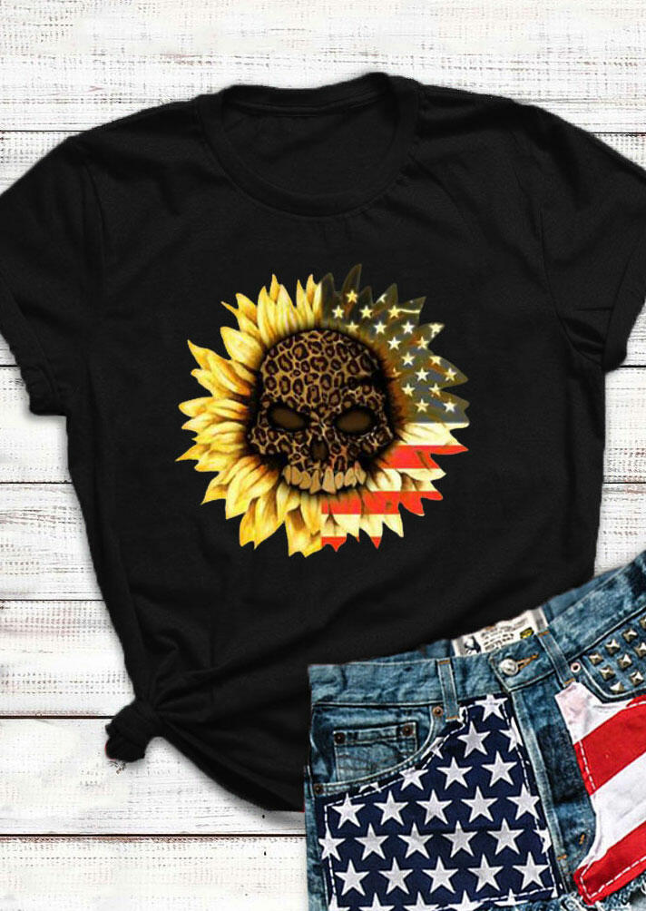 

Tees T-shirts American Flag Leopard Skull Sunflower T-Shirt Tee - Black in Black. Size