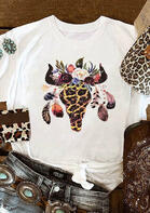 Floral Leopard Steer Skull T-Shirt Tee