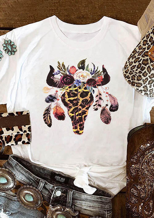 

Floral Leopard Steer Skull T-Shirt Tee - White, 469107