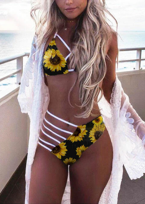 Sunflower Hollow Out Halter Bikini Set - Black