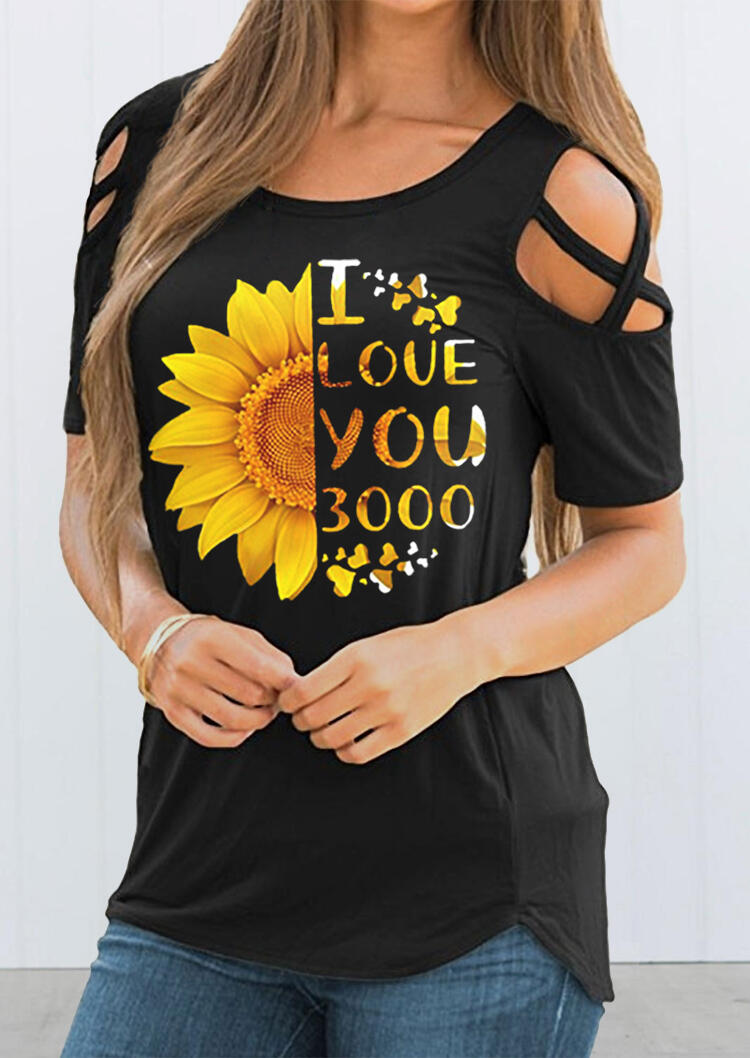 T-shirts Tees Sunflower I Love You 3000 Hollow Out T-Shirt Tee in Black. Size: S