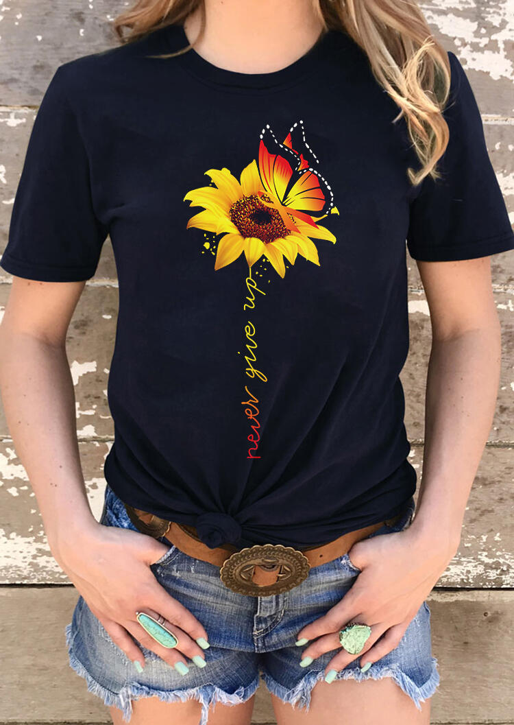 

Sunflower Butterfly Never Give Up T-Shirt Tee - Black, 469141