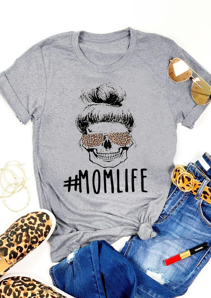 Mom Life Leopard T-Shirt Tee - Gray