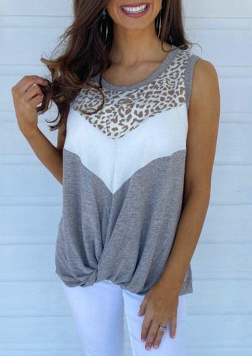

Leopard Color Block Splicing Twist Tank - Gray, 469164